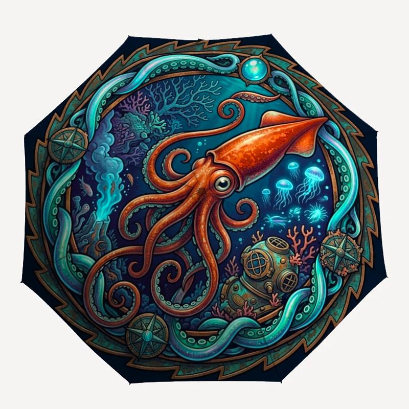 Ocean Mystery Squid pattern umbrella, portable and foldable design, 8 ribs, a casual accessory for Halloween, Christmas, and birthday gifts.
