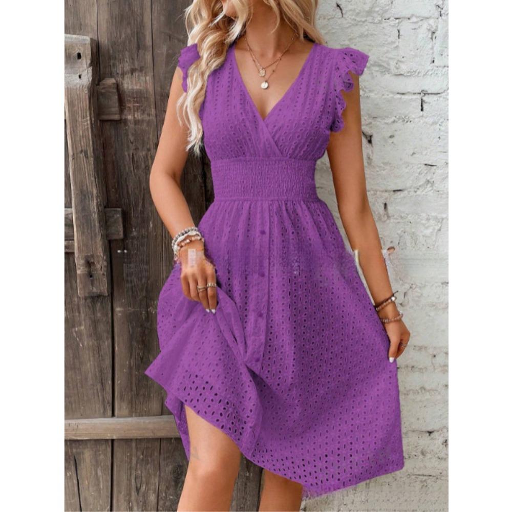 Medium and Long Dress Jacquard Hollow and Thin V-neck Large Size Solid Color Dress