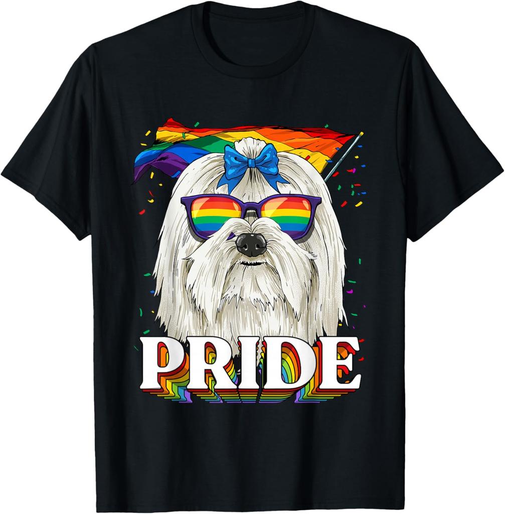 Maltese Dog Pride LGBTQ Rainbow Flag Sunglasses Graphic Tee Casual Cotton T-Shirt
