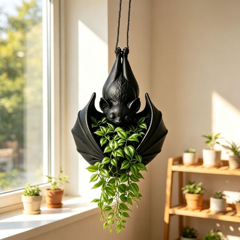Bat Flower Pot With Hanging Cord, Bat Shape Plant Holder for Small Foliage and Trailing Foliage, Indoor Porch or Balcony Home Accent for Room Use