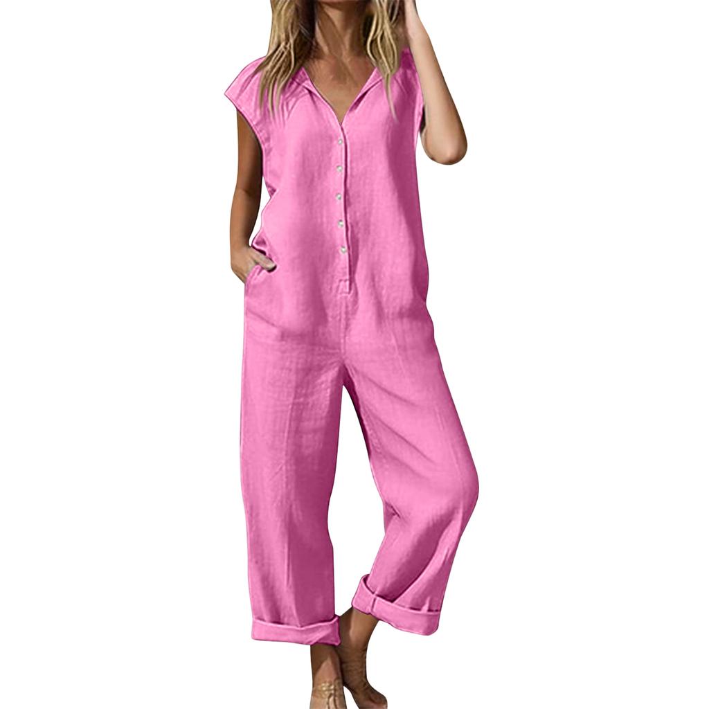 Women's Casual, Loose-Fit, Round-Neck, Pocketed, Sleeveless, -Color Cotton Jumpsuit