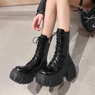 Stivali Neri con Plateau e Tacco Spesso Stivale Corto Punk Stile Goth Ragazza Cool Scarpe da Donna Primavera Autunno Strada