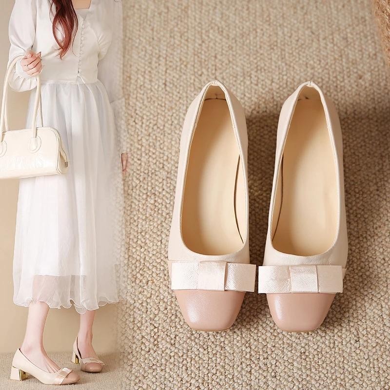 Fashion Autumn New Thick Heel Shoes Women's Fashion Square Head Before and After Butterfly Knot Comfortable Low Top Shoes