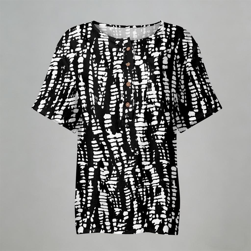 Camicia Casual da Donna con Stampa, Collo Henley, Manica Corta, Cotone e Lino, Tasca Frontale e Bottone, Vestibilità Rilassata