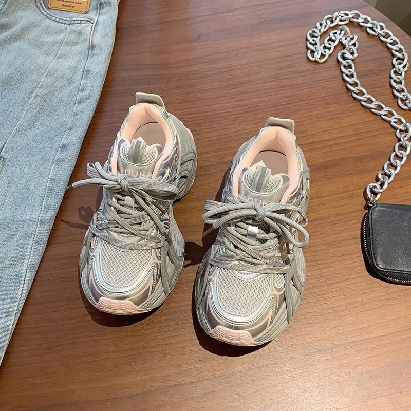 2025 early spring new casual platform women's shoes leather round head lace-up dad shoes women's height increase versatile women's single shoes