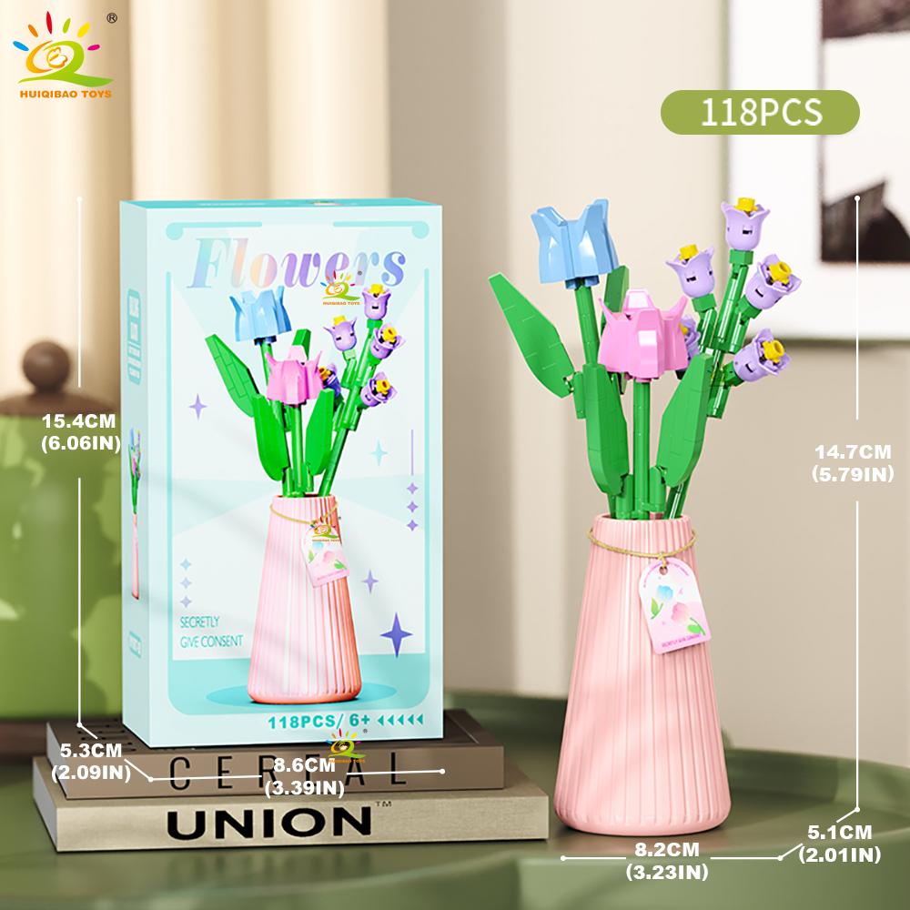 HUIQIBAO MOC Eternal Flower Bouquet with Pot Micro Building Block Sunflower Rose Mini Model Brick Toy Home Desk Decoration