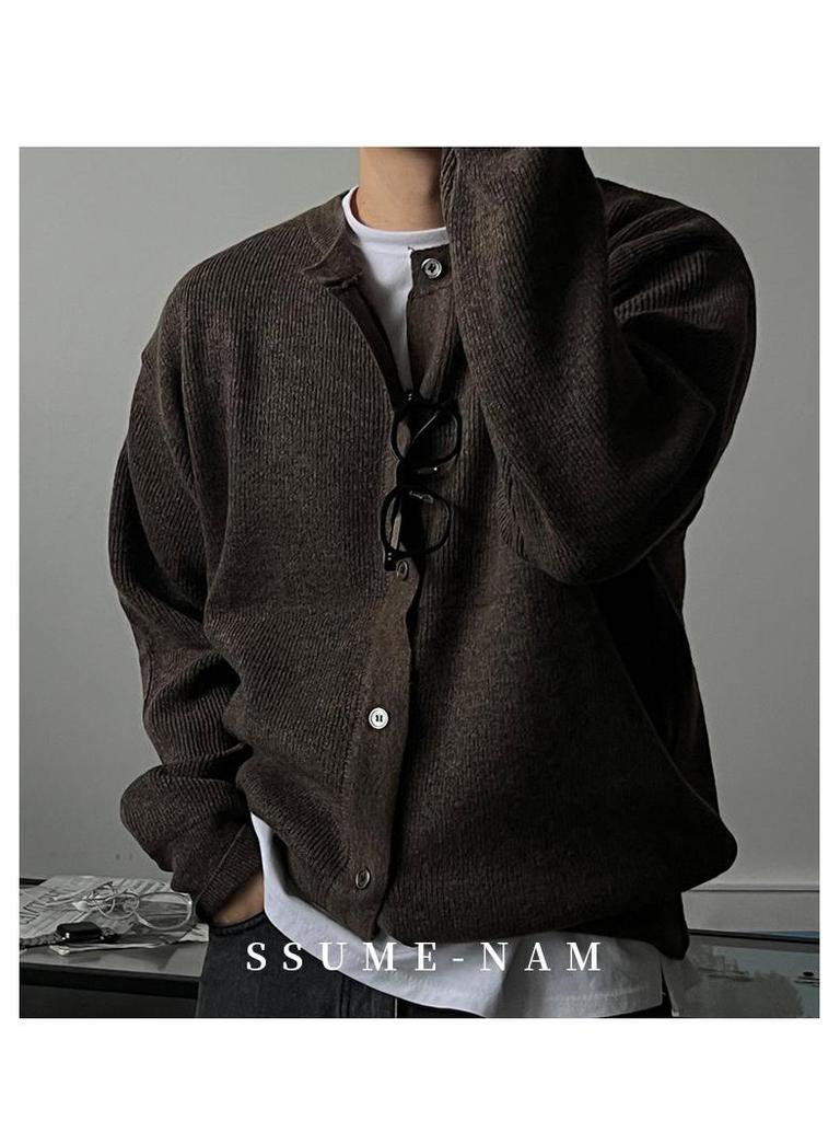 Men's High-End Woolen Cardigan - Round Neck, Autumn/Winter Casual Knitwear