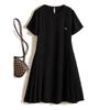 Gloss ICE Cotton Black Dress! Women Summer Short Sleeve Double-Sided Pleat Love Brooch Dress Super Elegant