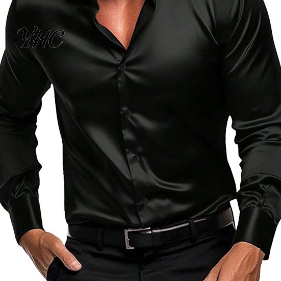 Men Solid Color Shirt Fall Spring Button-down Turn-down Collar Cardigan Long Sleeves Satin Slim Fit Sleeve Mid Length Casual Daily Wear Office
