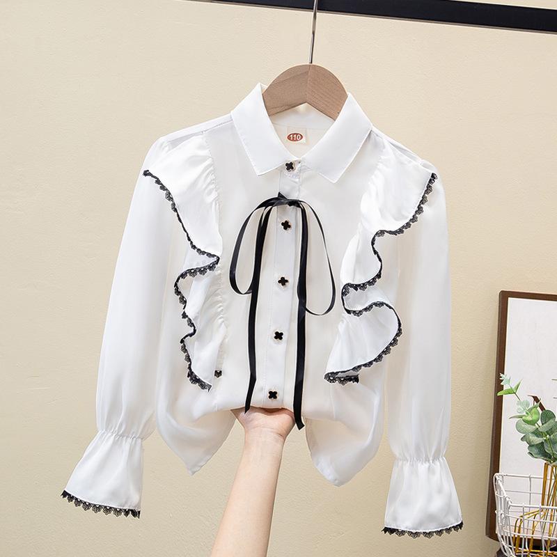 Dívčí košile s dlouhým rukávem Jaro Podzim Šifonové Bílé Tričko Knoflíkový Kardigan Klopový T-shirt pro Studentskou Uniformu Topy