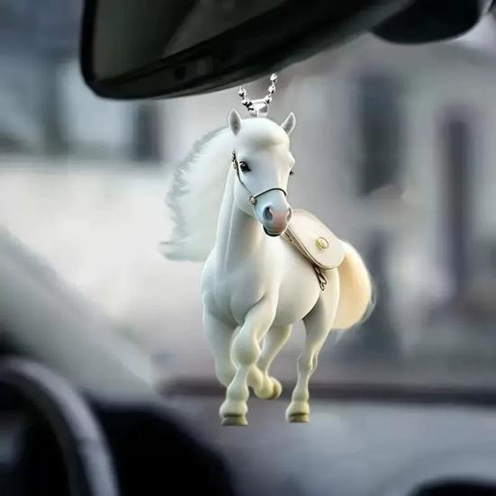 White Horse Christmas Ornaments 2D Flat Acrylic Running Horse Car Rear View Mirror Charm Auto Hanging Pendant for Holiday Home Tree Decor