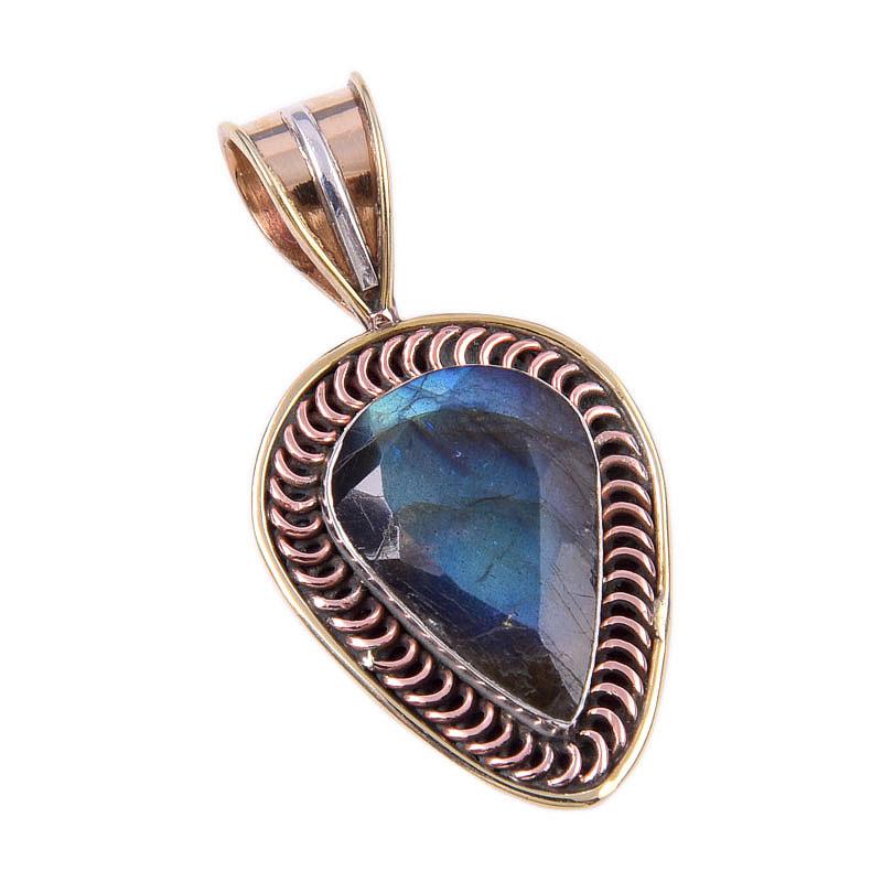 Natural Labradorite 925 Solid Sterling Silver Jewelry TwoTone Pendant 1.50" n3a38