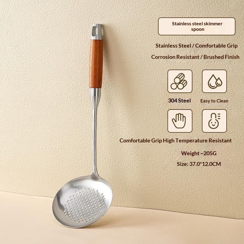 Stainless Steel Kitchen Utensil Set Heat Resistant Natural Wooden Handles Dishwasher Safe Cooking Tools for New Home Gift