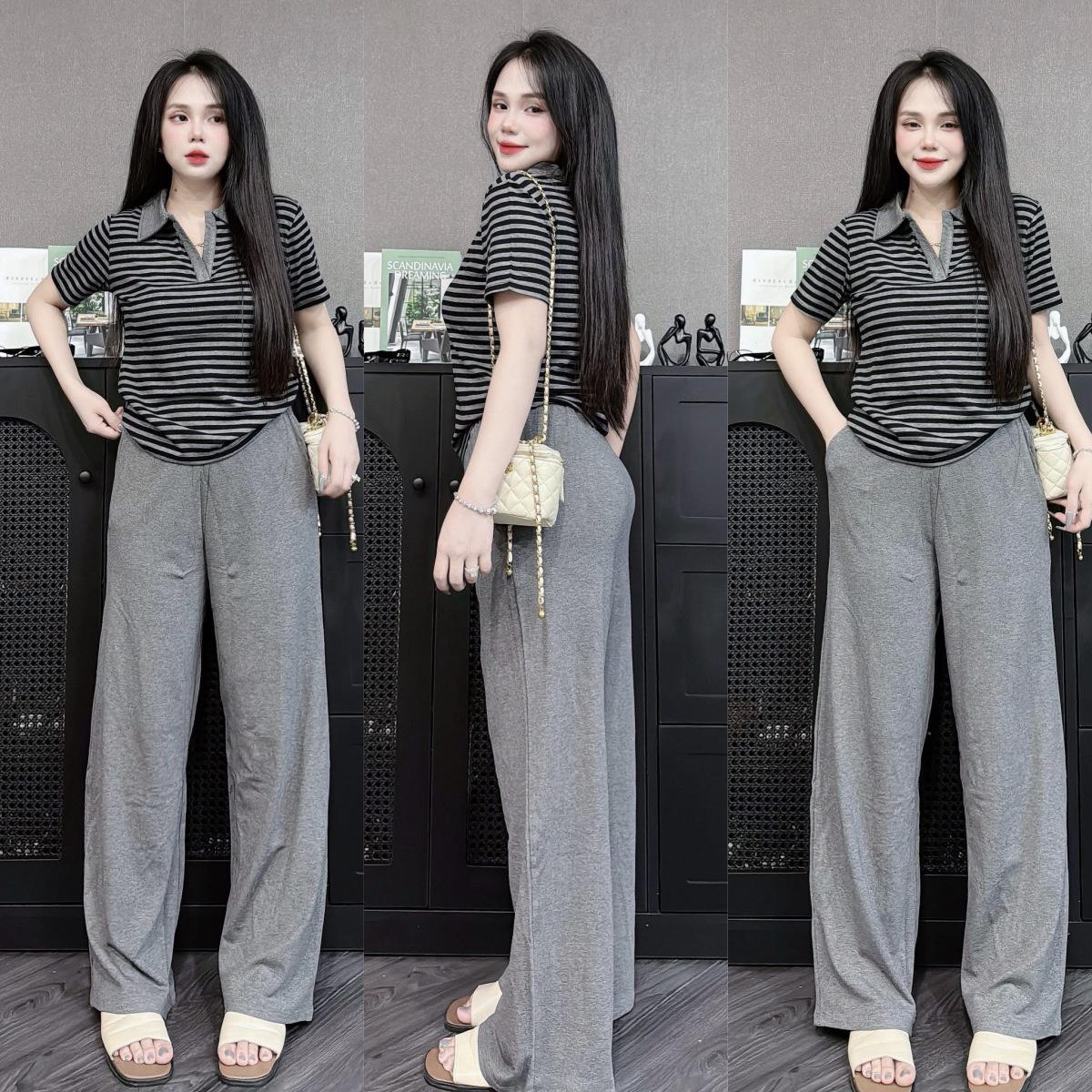 

Women s Summer Striped POLO Shirt & Wide Leg Pants Casual Two-Piece Set, Plus Size One Size with Pockets темно-серого