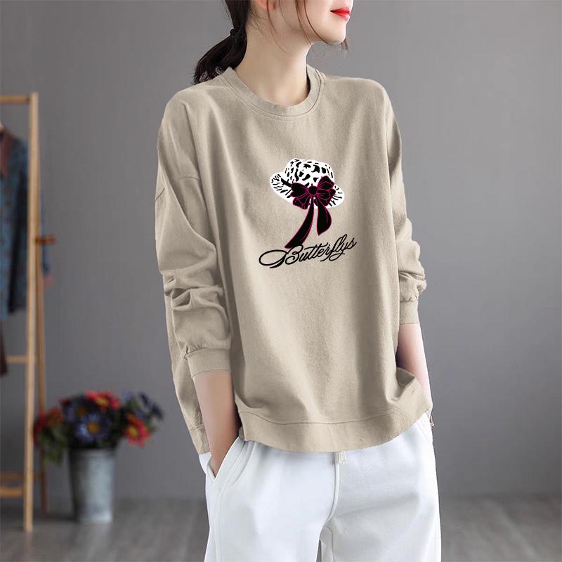 Brand Women's Plus Size Long Sleeve Printed Cotton Top – Round Neck, Casual Style