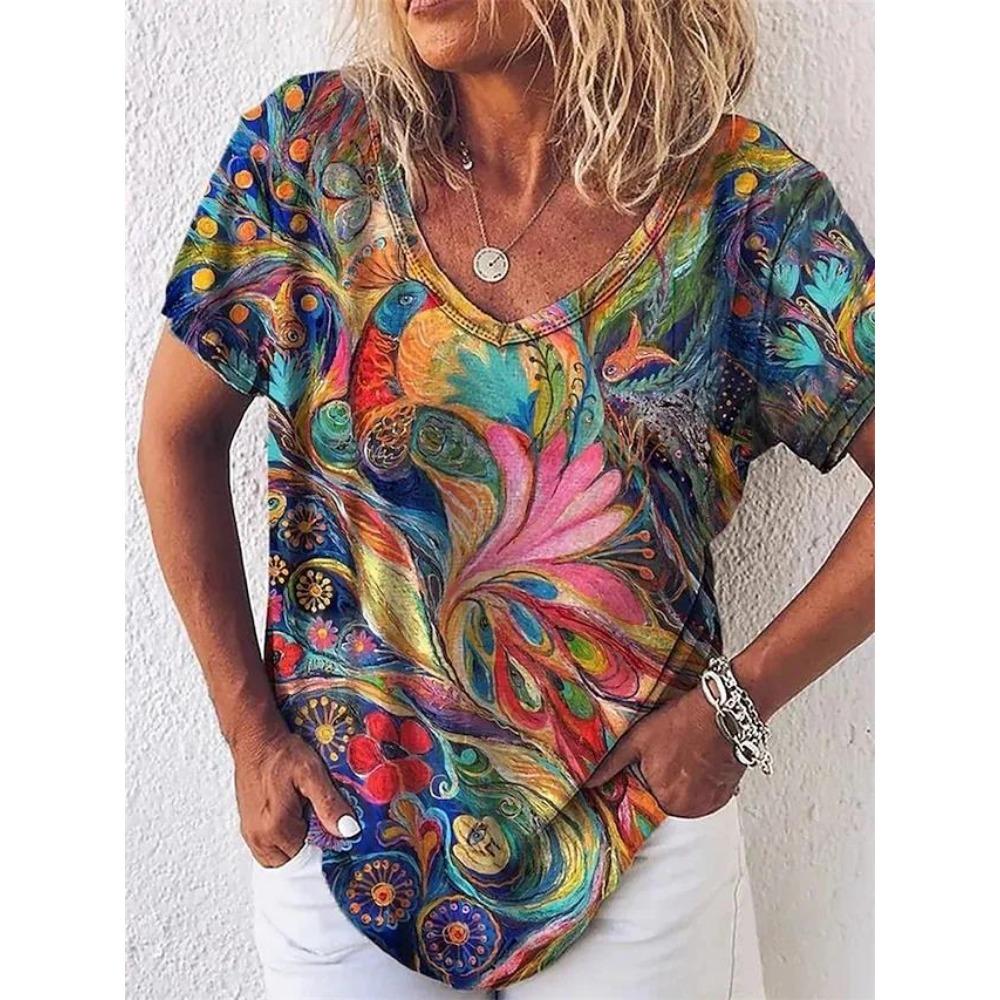 Summer New Women's T-shirt 3D Elegant Atmosphere V-neck Short Sleeve Shirt Fashion