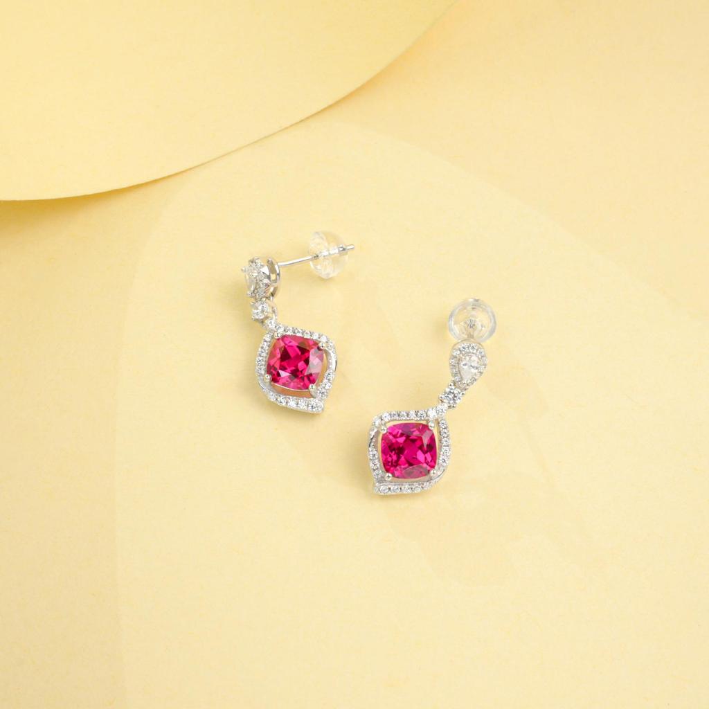 European S925 Sterling Silver Pillow-Shaped Ruby & Diamond Earrings with Pavé Gemstones - Women's Wedding Gift