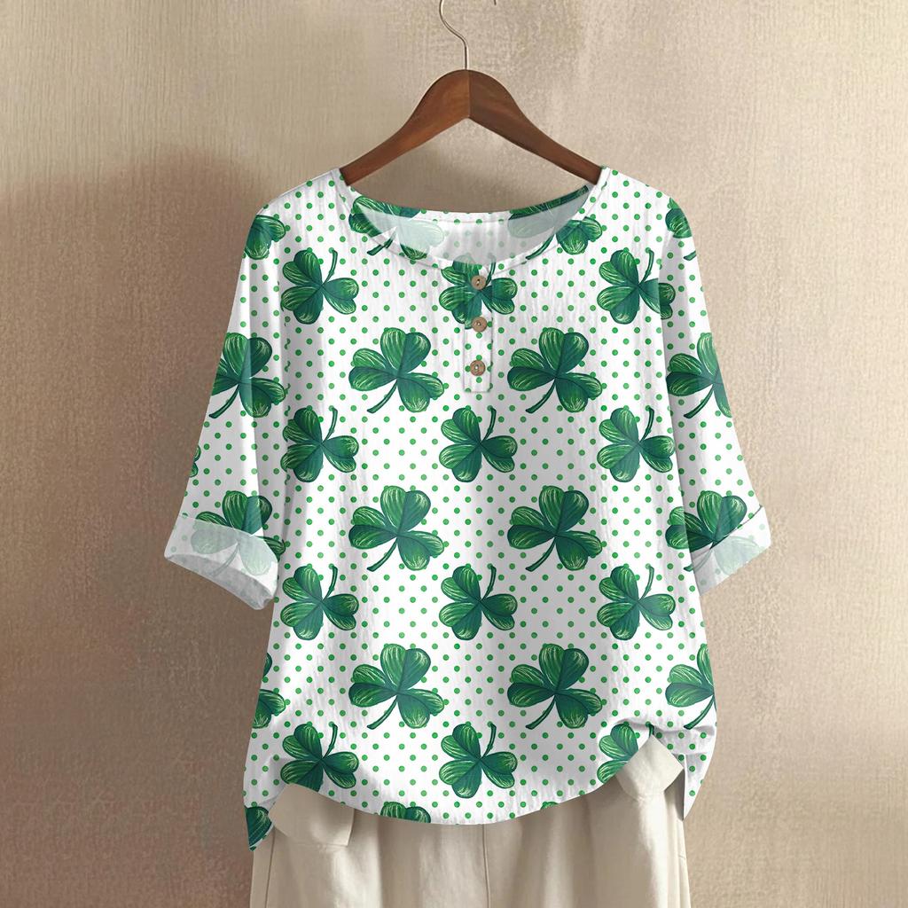Women's Casual Mid-Sleeve Round Neck St. Patrick's Day Print Cotton-Linen Blend Top