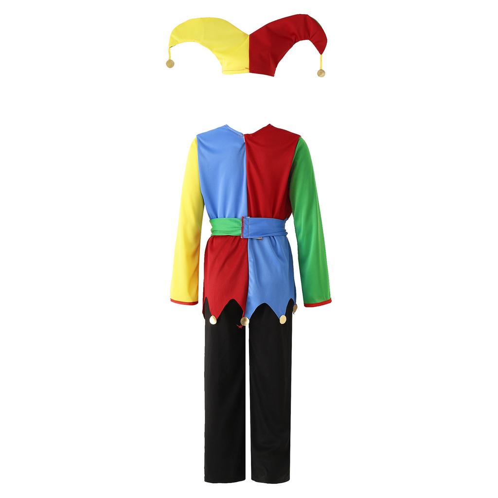 Unisex Circus Clown Costume Color Block Patchwork Clown Dress Hat Waistband Pants Halloween Performance Attire