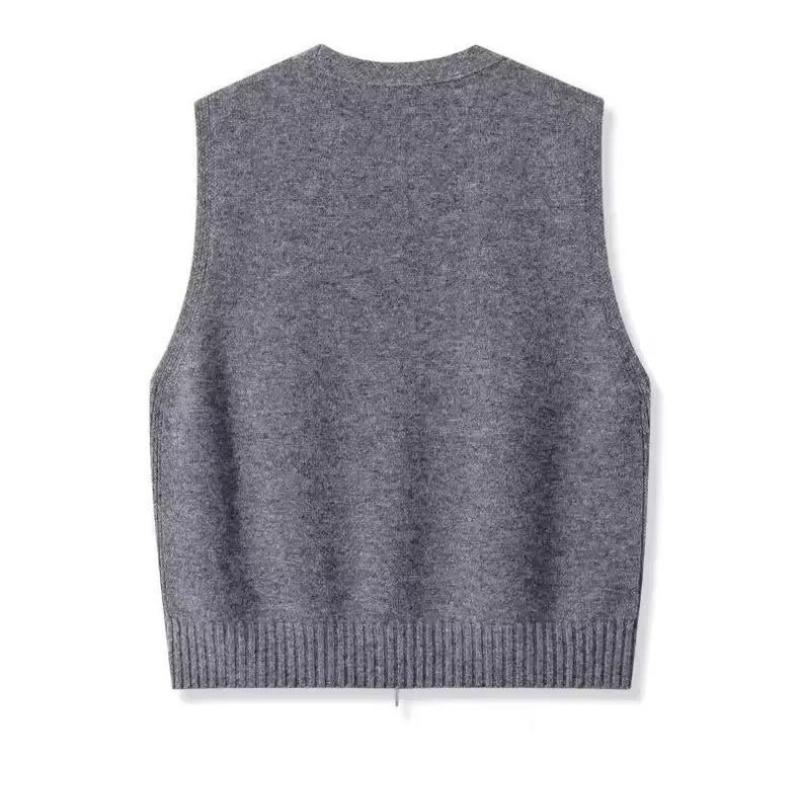 Women Knitwear Autumn Women Double Zipper V-neck Chic Simple Sleeveless Sweater Vest Out Wear Warm Gray Knitted Coat Cardigan