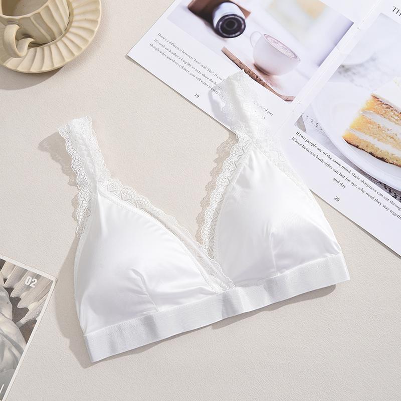 FINETOO 1Pcs Silk Lace Wireless French Triangle Cup Bralette Underwear Set Knitted Velvet Romantc Summer Thin Style Home Clothes