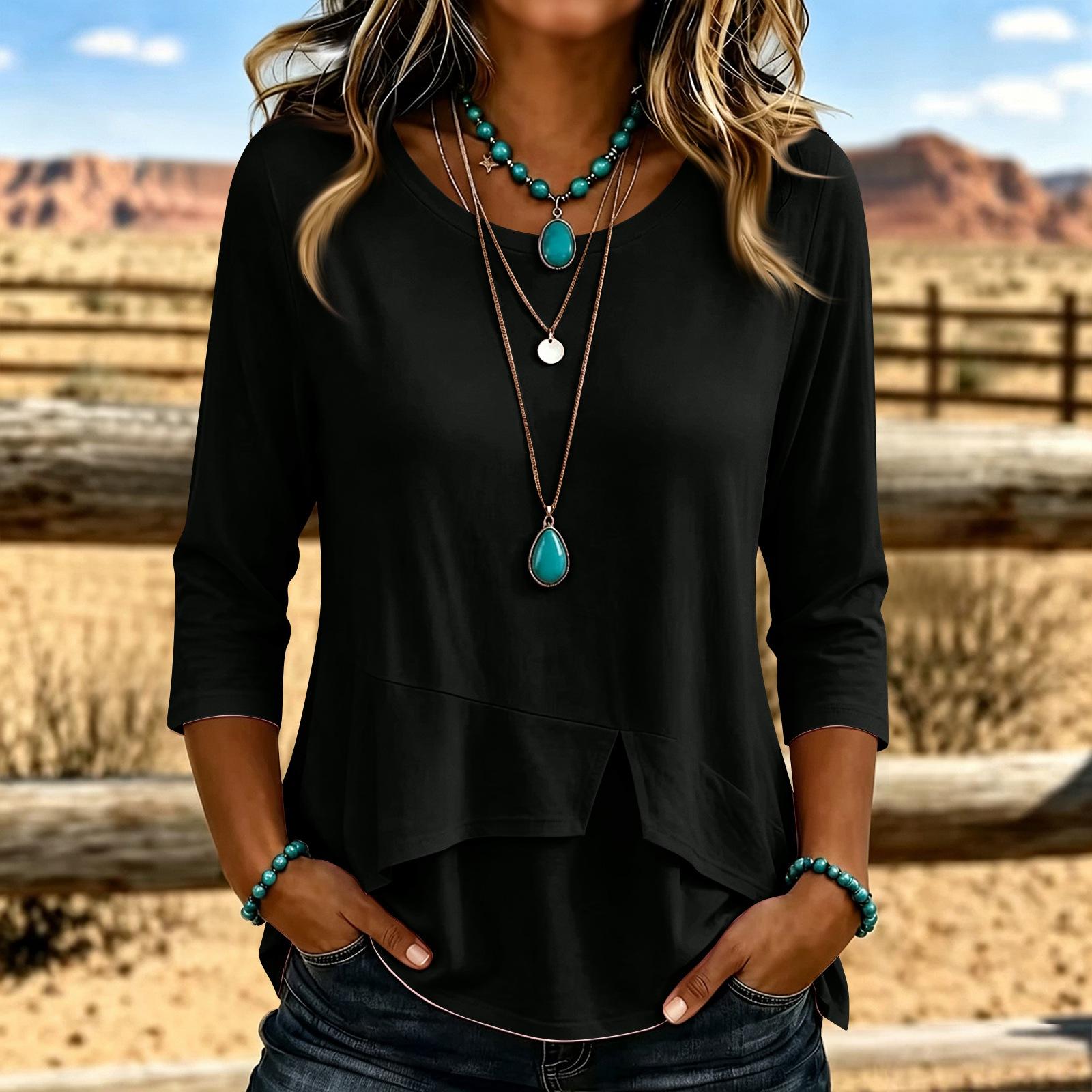 Women s Casual Round Neck Loose Fit Asymmetric Top for Everyday Wear L