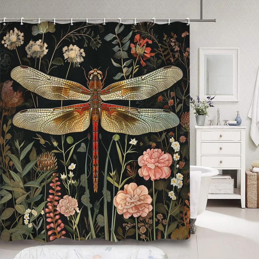 Dragonfly Watercolour Shower Curtain Dandelion Lavender Flower Polyester Fabric Home Art Bath Curtains Bathroom Decor with Hooks