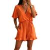 Damen V-Ausschnitt Rüschensaum Kurzarm Strampler Hohe Taille Kordelzug Lässiger Jumpsuit