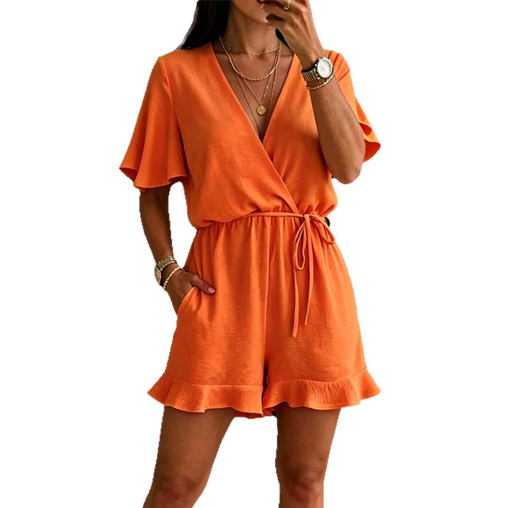 Damen V-Ausschnitt Rüschensaum Kurzarm Strampler Hohe Taille Kordelzug Lässiger Jumpsuit