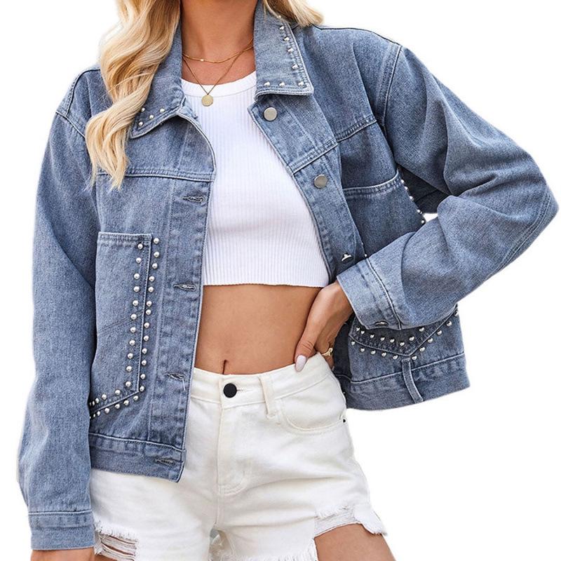 

European & American Light Blue Denim Jacket with Rivet Detail - Women s Casual Style, 2025 Edition S
