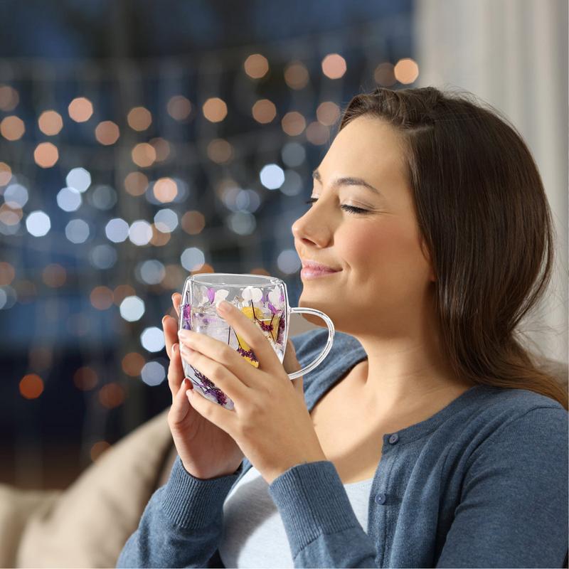 350ml Double Wall Coffee Mug With Handles Clear Milk Cups Gifts Artificial Flower Glass Cup for Milk Tea Juice Hot Cold Beverage