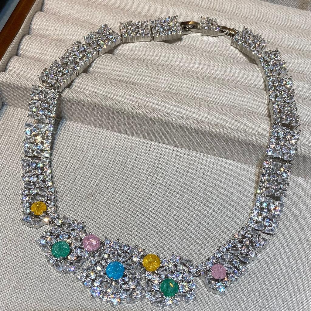 New Jewelry Set Full Of Zirconium Heavy Industry Exaggerated Fashion Banquet High-End Colored Treasure Necklace Earrings