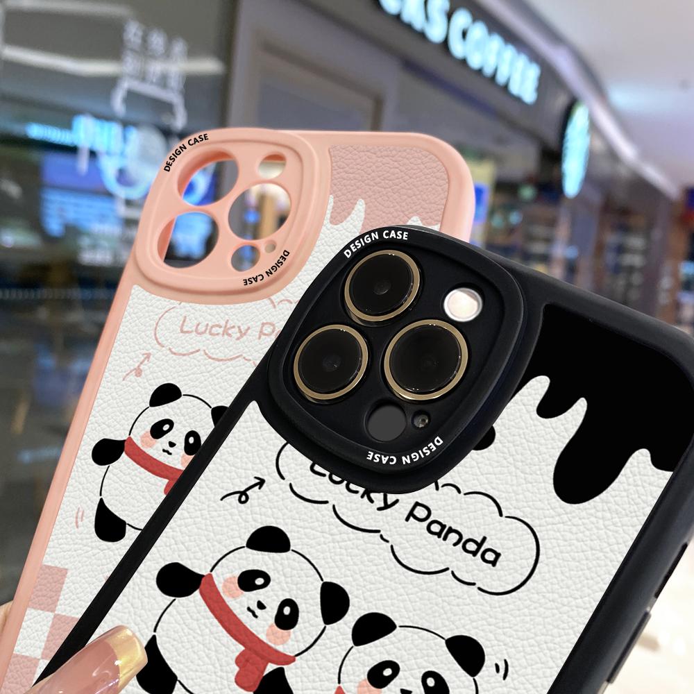 Slim Skin Feeling Cartoon Panda Soft Silicone PU Leather Cover Phone Case for iPhone Samsung Huawei Honor Xiaomi Redmi OPPO Realme Vivo