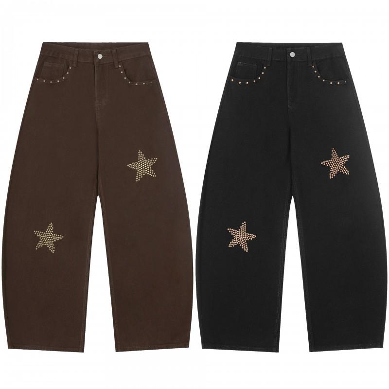 Unisex Streetwear Loose Fit Cotton Trousers With Star Detail - Black Coffee Color Straight Leg Casual Pants