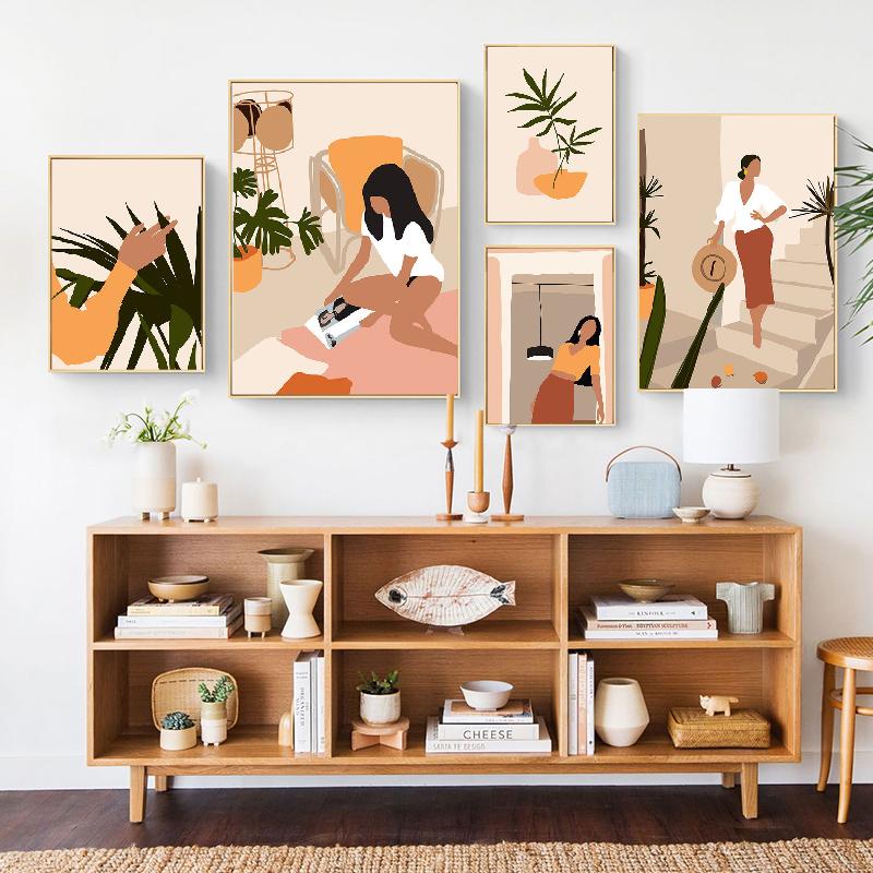 

Скандинавская абстрактная девушка с листом монстеры в стиле бохо, винтажные постеры и принты, настенная живопись на холсте, настенные панно для декора гостиной