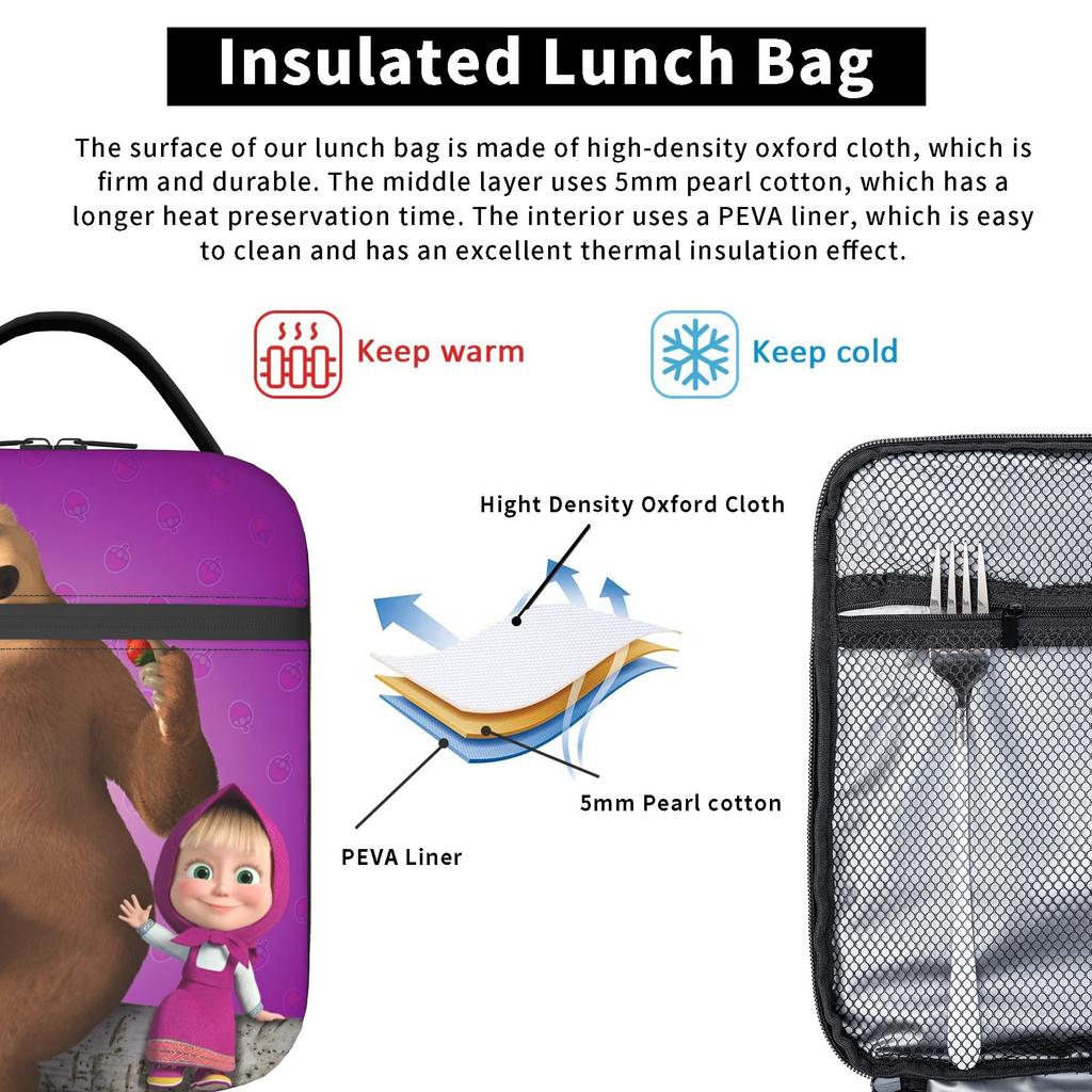 M-Masha and Lady Bear Insulated Lunch Bag High Capacity Lunch Container Cooler Bag Tote Lunch Box Work  Travel Men Women
