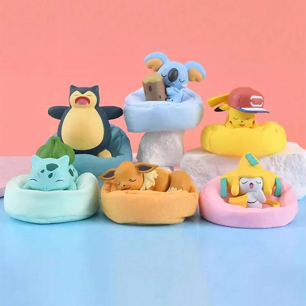 Pokemon 6 Styles Genuine Toys Pikachu Bulbasaur Snorlax Jirachi Komala Cute Anime Figure Model Dolls With Dustproof Cloth Pad