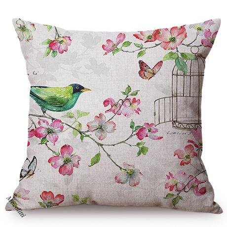 Nordic Water Color Birdcage Birds Sofa Decoration Throw Pillow Case Plum Blossom Garden Cotton Linen Print Cushion Cover Cojines