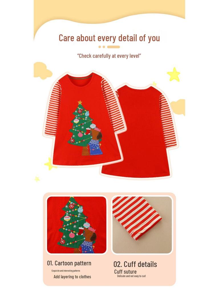 European and American Style Autumn Girls' Cute Christmas Tree Patchwork Dress, Long for Small To Medium Children