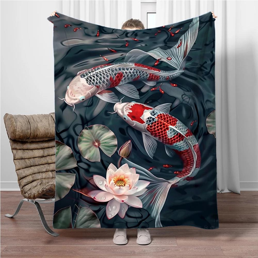 Fish Lotus Soft Flannel Blankets Keep Warm Throw Blanket Comfortable Blanket for Picnic Beds Sofa Home Bedroom Travel Kids Gifts
