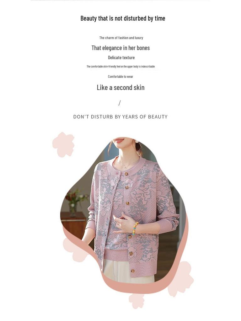 Stylish Spring Knit Cardigan Set for Middle-Aged and Elderly Women, Tummy-Covering Slim Fit Top