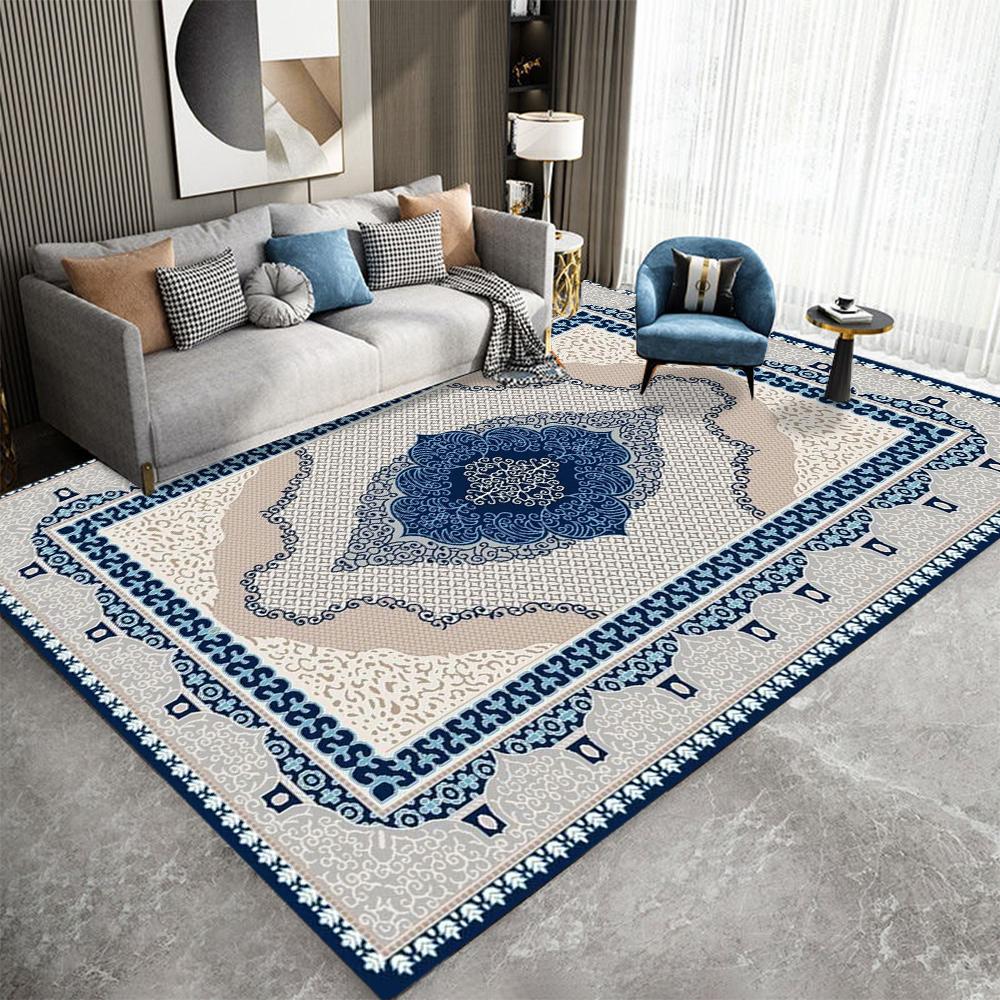 Persian Pattern Nation Carpet Mat Rug Geometric Border Blue White Classic Elegant Home Decoration Living Room Bedroom Floor Mat