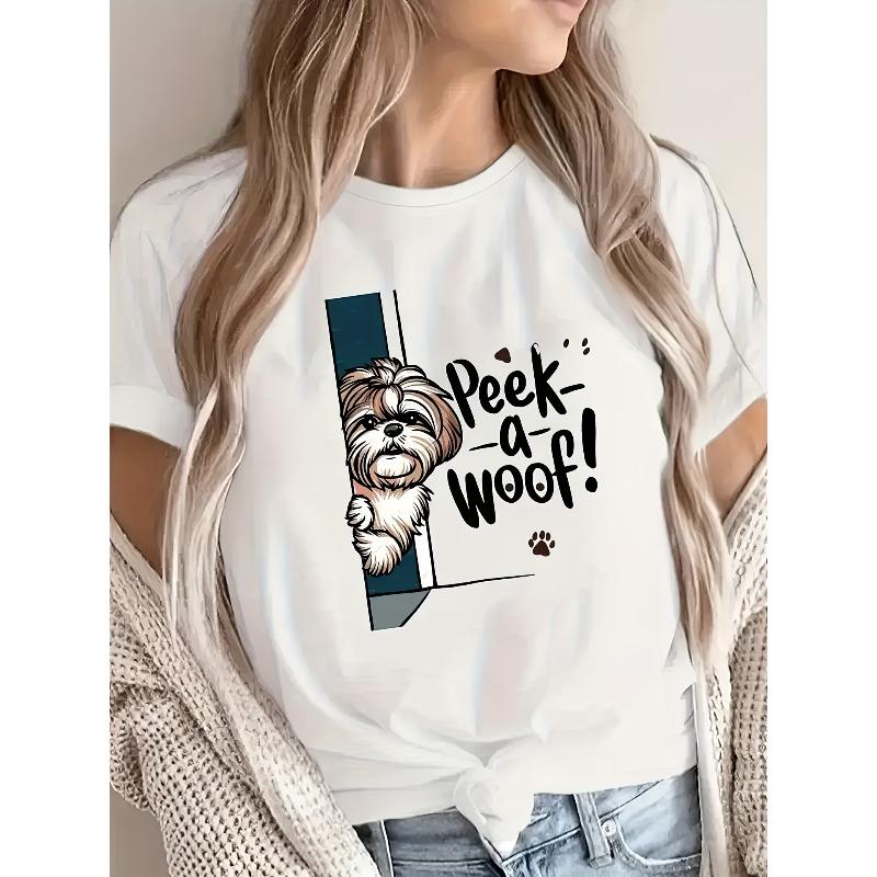 Женская повседневная футболка с графическим принтом, европейский размер - «Ку-ку! Гав!» Дизайн с собакой, Короткий рукав, Круглый вырез, Легкий летний топ S белый