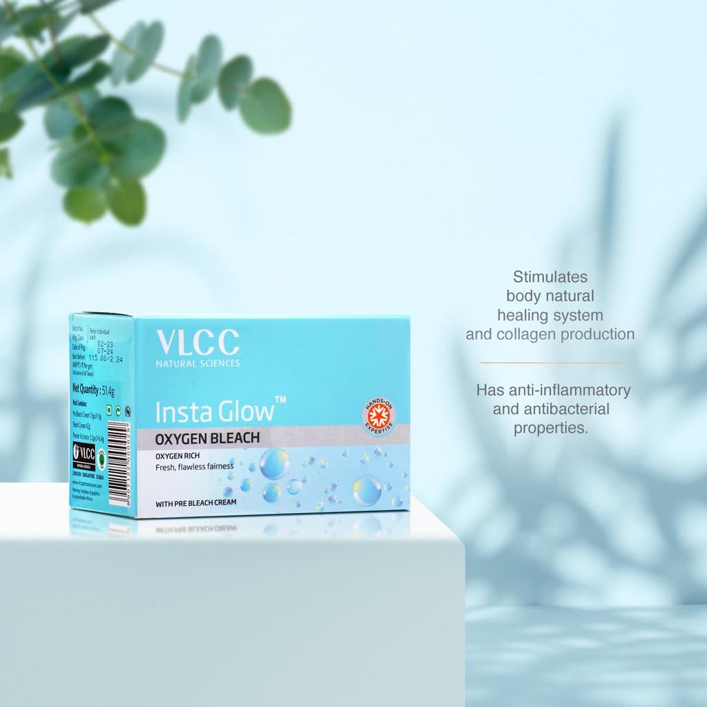 VLCC Insta Glow Oxygen Bleach 51g X 4 Pack | Brightens Skin, Reduces Facial Hair Visibility, Smooth Fair Complexion