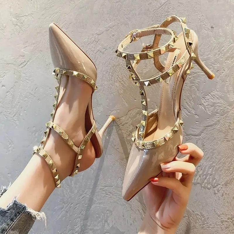 2024 Spring New High Heels Women Stiletto Heel Wild Sexy Pointed Toe Hollow Rivet Single Shoes Women Toe Sandals Women