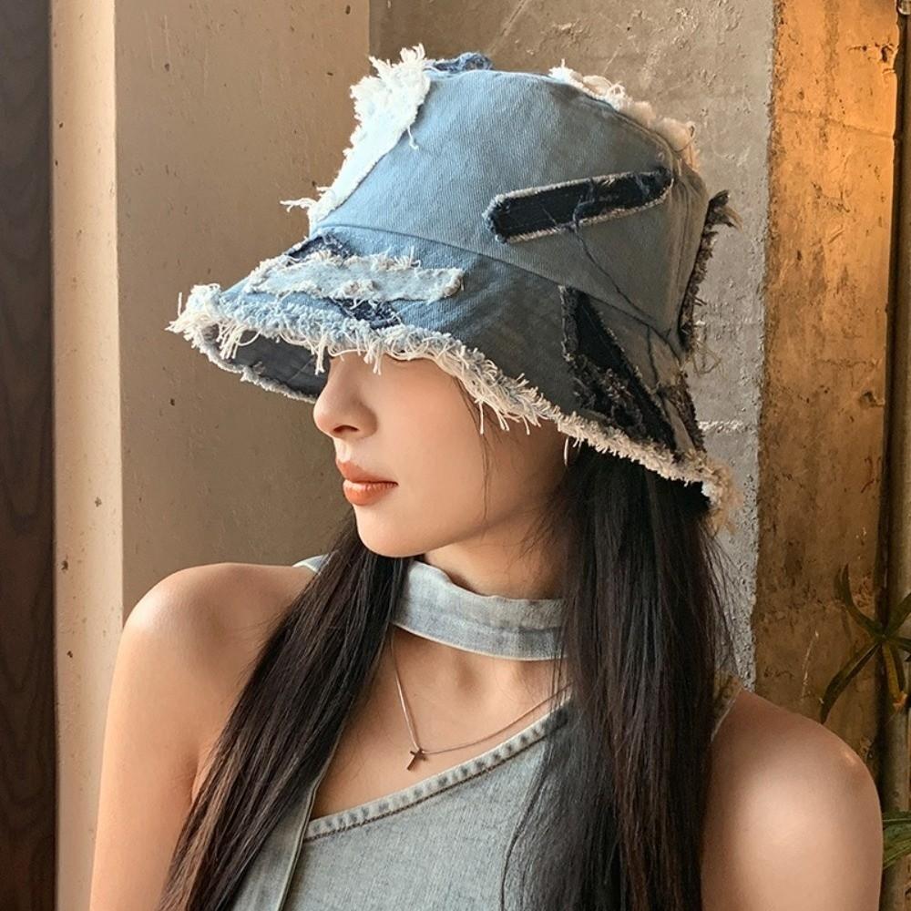 Beggar Style Retro Fisherman Hat Patched Sun Protection Basin Cap Fashion Denim Bucket Hat  Women
