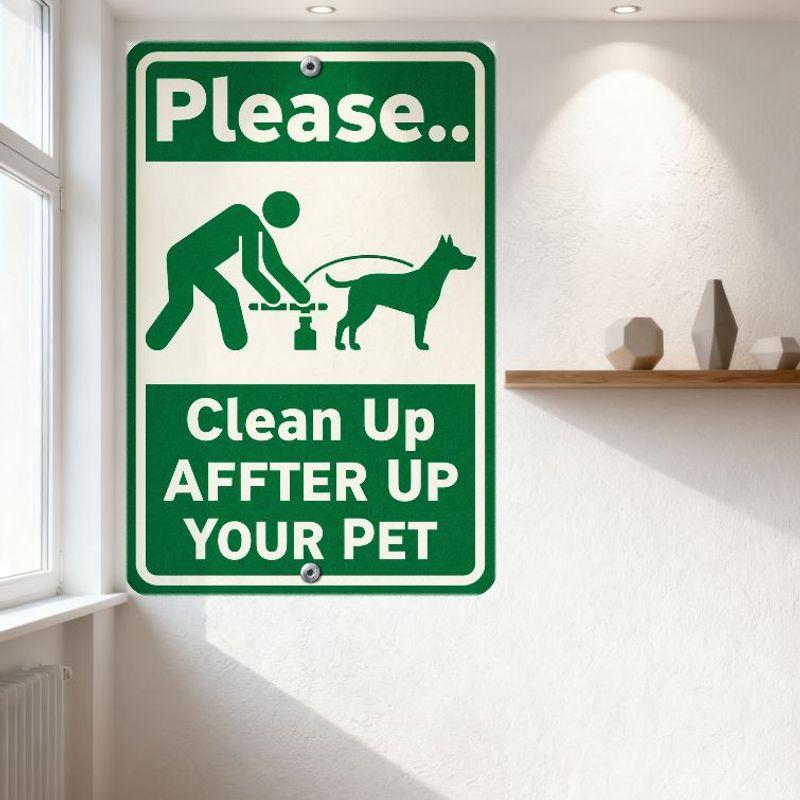Green & White Pet Waste Clean Up Metal Tin Sign - Funny Dog Cleaning Silhouette Illustration Wall Plaque for Home Garden Yard De