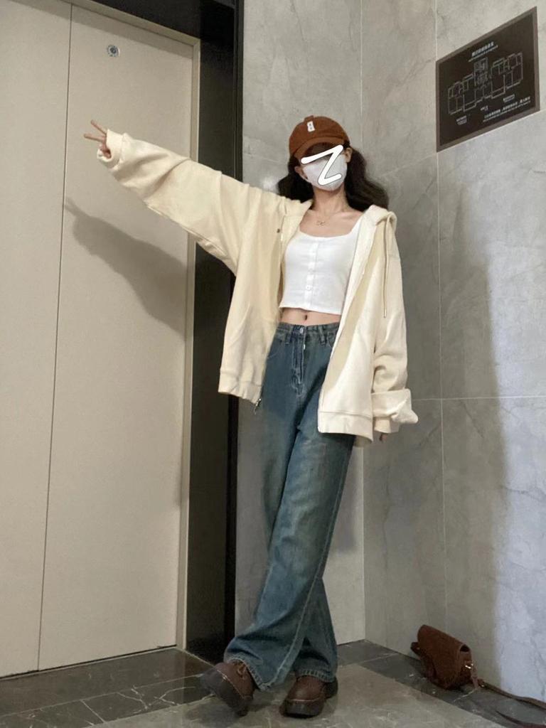 Hooded Zip Cardigan Sweatshirt Women Spring Autumn New Korean Style Loose Casual Slim Fit Lazy Style Outerwear