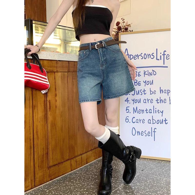Kumikumi Retro Washed Denim Fifth Pants Women High Waist Loose Straight Wide Leg Pants Shorts