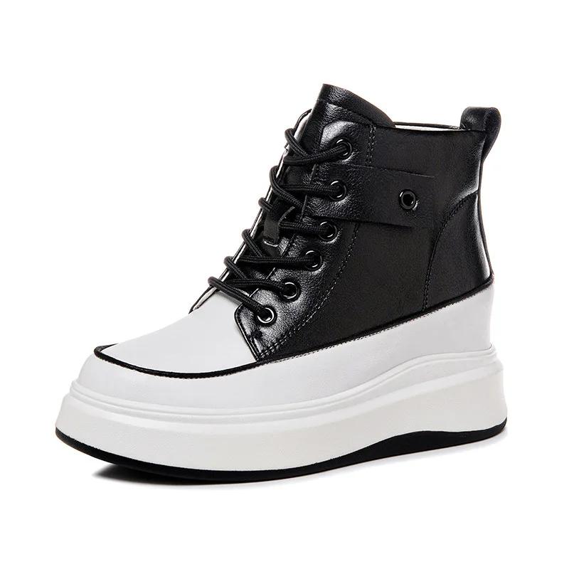 Fashion 7.5CM Women Shoes Natural Cow Genuine Leather Spring Chunky Sneakers Platform Wedge Ankle Boots Hidden Heel Autumn Winter Shoes